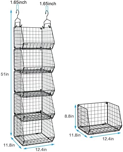 X-cosrack 5 Tier Closet Hanging Organizer, Clothes Hanging Shelves with 4 Hanging Hooks 5 S Hooks, Wire Storage Basket Bins, for Clothing Sweaters Shoes Handbags Clutches Accessories Patent Design