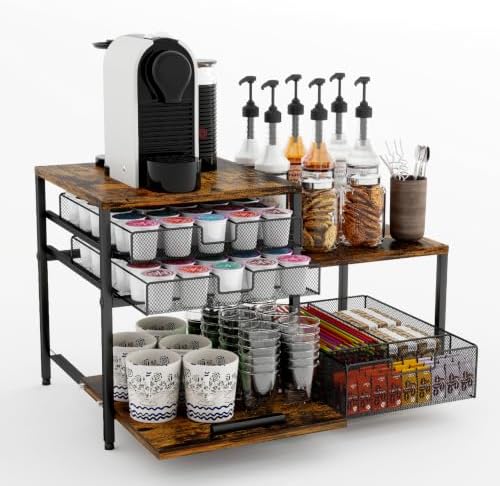 Coffee Station Organizer, Countertop Coffee Bar Holder with 3 Drawers,60 Compatible with K Cups Coffee Pods, Capsules, Rustic Storage for Tea Bags, Syrup Rack, Kitchen, Apartment, Home, Office