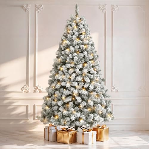 DWVO 6ft Prelit Snow-Flocked Artificial Pine Christmas Tree with Remote