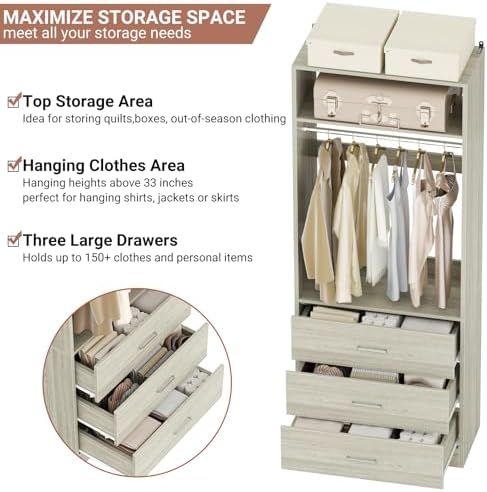 Besiost Freestanding Closet System with 3 Drawers, Wood Closet Organizer