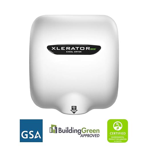 XLERATOReco Hand Dryer, Excel Dryer, XL-BW-ECO-1.1N High Speed Commercial Hand Dryer, White Thermoset Cover, Automatic Sensor, Surface Mounted, Noise Reduction Nozzle, LEED Credits 110/120 Volts
