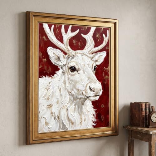 Framed Canvas Wall Art Painterly Reindeer Portrait Red and White with Gold Highlights Canvas Print Poster Gold Frame Wall Decor for Living Room Bedroom Holiday Decor, Winter Art - Inch 16x20