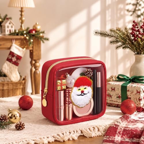 Abbylike 1 Pcs Christmas Preppy Patch Makeup Bags Bulk Polyester Holiday Makeup Bag Skincare Pouch Xmas Zipper Cosmetic Pouch Preppy Thing for Travel Christmas Women Gift (Classic, Claret)