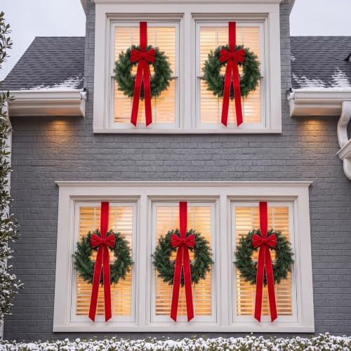 Roowest 6 Pack 12'' Christmas Window Wreaths Decorations & Red Velvet Bow