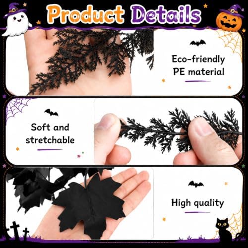 2 Pcs Black Halloween Cedar Garland with Maple Leaf Vine