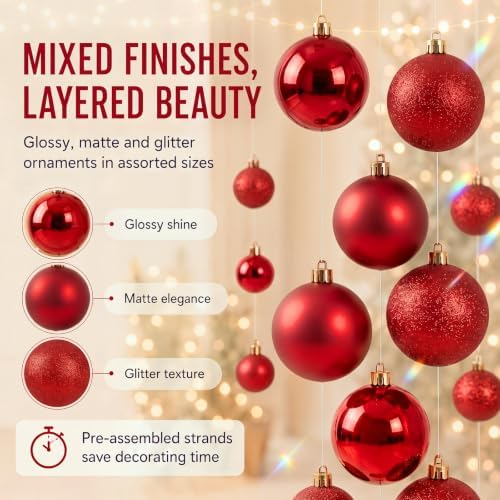 6 Pcs Christmas Ball Garland 6.6 ft Hanging Ornaments Strand, Red