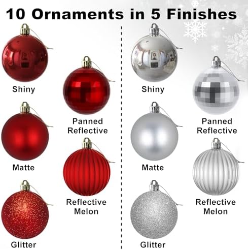 Silver & Red 2.5" Christmas Balls Christmas Tree Decoration Ornaments Shatterproof Hanging Balls for Birthday Halloween Holiday Wedding Decorations Set of 10pcs