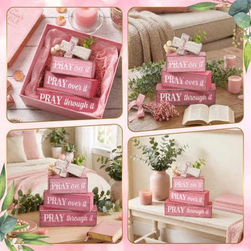 Moucuny 4 Pcs Pink Christian Table Decor Cross Wooden Bible Verse Sign