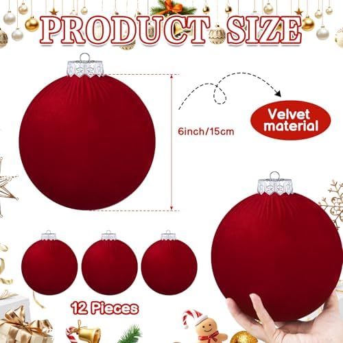 12 Pcs Jumbo Red Velvet Christmas Balls Ornaments Bulk 6 Inch Extra Large Flocked Christmas Tree Ornaments Xmas Bulbs Decorations Giant Hanging for Outdoor Indoor Xmas Home Party