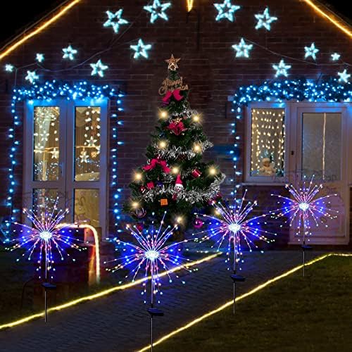 Solar Garden Firework Lights Outdoor Waterproof 4 Pack 120 LED Sparklers Solar Lights for Outside Patio Backyard Yard Pathway Walkway Christmas Decorations (Colorful)