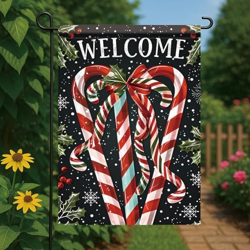 Christmas Garden Flag Candy Cane Flag Welcome Holiday Yard Banner 12x18 Inch Double Sided Winter Xmas Outdoor Lawn Decoration Seasonal House Porch Patio Decor for Farmhouse Outside