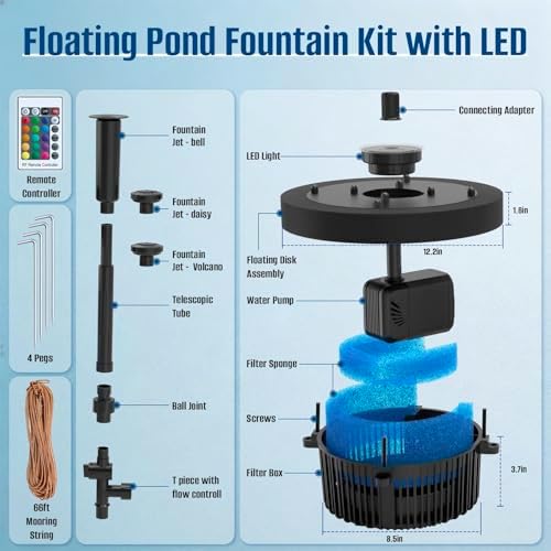 Floating Pond Fountain Pump with Remote RGB LED Lights & Filter Sponge