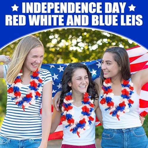 JUNEBRUSHS 24Pcs Patriotic Red White and Blue Leis 4th of July Accessories