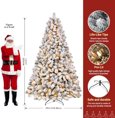 SHareconn 7.5ft Snow Flocked Spruce Pre-lit Artificial Christmas Tree,White