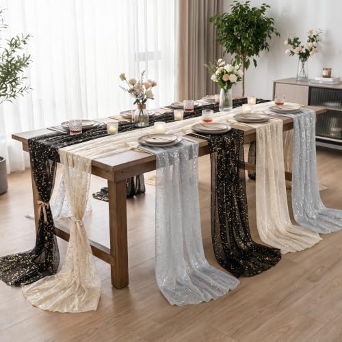 Artoid Mode 3PC Beige Black White Gauze Table Runner 120 Inch 10FT, Glitter Metallic Foil Sheer for Wedding Anniversary Holiday Birthday Home Party Decor