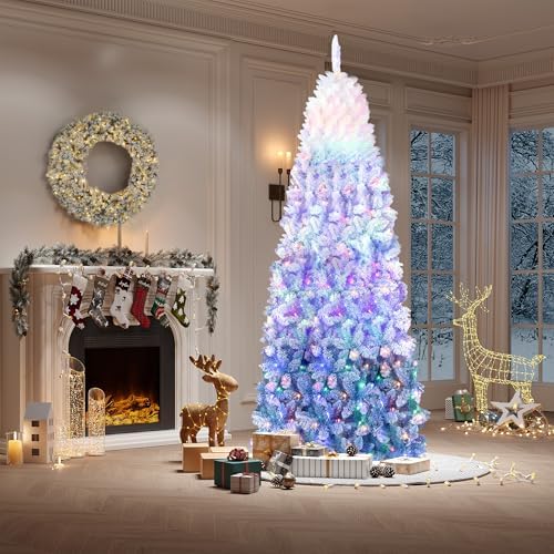 GarveeHome 6 ft Prelit Artificial Christmas Tree with RGB & Warm White Lights, Pre-Lit Snow Flocked Pencil Christmas Tree, Foldable Base,Holiday Decoration for Home, Office, Party,Blue Gradient