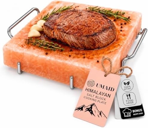 UMAID Himalayan Salt Block Cooking Plate 8x8x1.5 – Food Grade Pink Himalayan Salt Stone for Cooking, Salt Block for Grilling, Serving & Food Presentation – Includes Stainless Steel Tray & Recipe Booklet – Unique Gifts for Men & Women