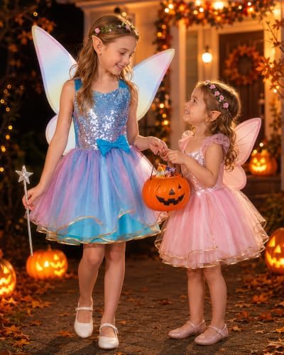 JoyRapt Fairy Costume Dress for Girls 3-10, Fairy Princess Pink Tutu Outfits Butterfly Wings Wand Headband Halloween Gifts