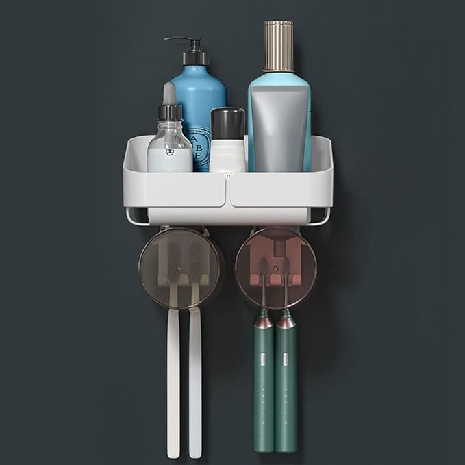 Toothbrush Rack Multifunctional Bathroom Toothbrush Holder Wall Mounted Organizer, Toothbrush Holder with Toothpaste Dispenser and Cups Bathroom Toothbrush Holder(A)