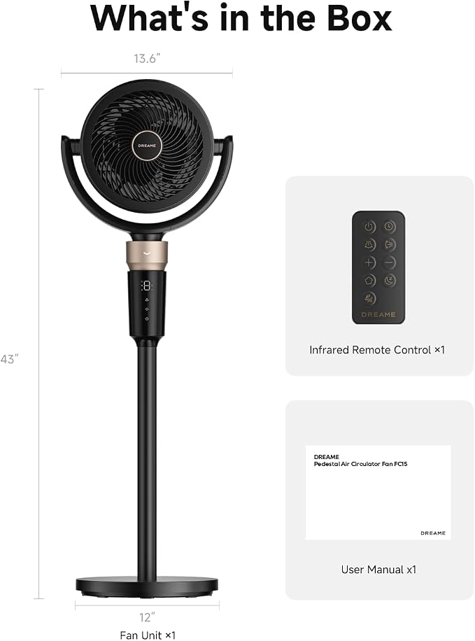 DREAME Pedestal Air Circulator Fan FC15 for Bedroom, Black | Oscillating Standing Fan with Ultra Turbo Flow, 9 Speeds 3 Modes, Height-Adjustable, Washable Pre-Filter, LED Screen, Timer