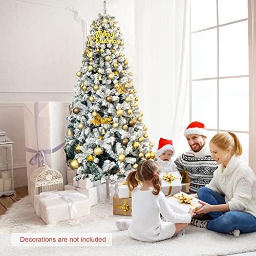COSTWAY 7.5 FT Flocked Christmas Tree, Unlit Hinged Xmas Tree with 1010 Snowy Branch Tips & Metal Stand, Artificial Christmas Tree for Home Office Party Decoration, Green & White
