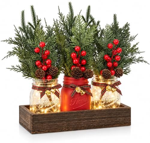 Mason Jar Christmas Table Decor, Winter Xmas Centerpieces for Tables