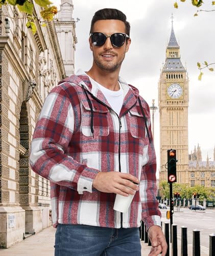 GEEK LIGHTING Men's Flannel Shirts Jacket Sherpa Lined Plaid Zipper Hoodie