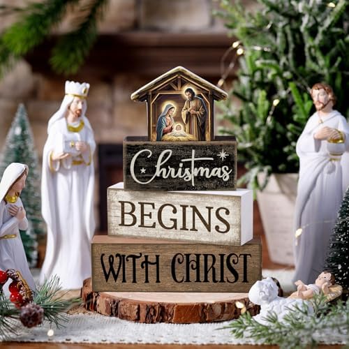 Moucuny 4 Pcs Christmas Table Decoration Christmas Begins with Christ Signs