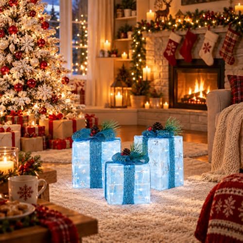 Set of 3 Snowflake Lighted Boxes, Blue Indoor Christmas Decor