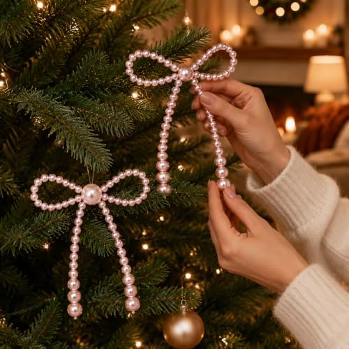 DIYDEC 24pcs Pearl Christmas Bow Ornament 7&4.5In Tree Topper Hanging Decor