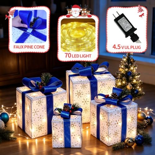 Set of 4 Christmas Lighted Gift Boxes, Light Up Blue Present Boxes