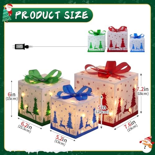 DomKom Set of 3 Lighted Gift Boxes, 60 LED Light Up Nesting Boxes with Metal Frame, Reindeer & Snowflake Design for Xmas Tree Party Indoor Outdoor Holiday Decorations