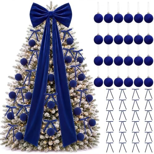 49 Pcs Royal Blue Christmas Tree Decoration Set with Velvet Bow Ball
