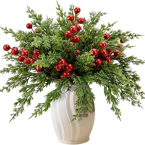 45 Pcs Christmas Artificial Pine Branches Red Berry Stems Faux Xmas Sprigs