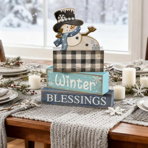 Moucuny 4 Pcs Winter Snowman Wooden Signs Farmhouse Tiered Tray Decor