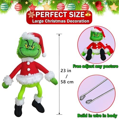 Christmas Green Monster Decorations, 23.6in Light Up Green Santa with LED String Lights Christmas Tree Ornaments, Pose-able Stuffed Doll for Outdoor Indoor Lawn Decoration