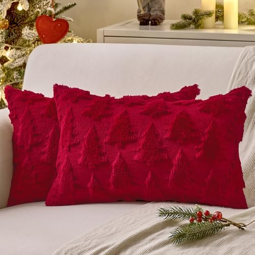 MIULEE Christmas Throw Pillow Covers Burgundy Red Set of 2 12x20 Lumbar