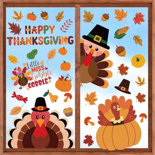 Thanksgiving Window Clings Stickers Decor, Fall Pumpkin Turkey Decorations
