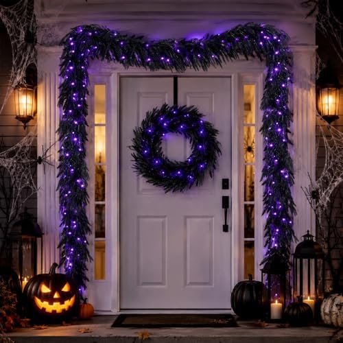 N&T NIETING 9FT Black Halloween Pre-Lit Garland with 70 LED Lights Real Touch Artificial Norfolk Pine Garlands for Table Fireplace Holiday Indoor Outdoor Halloween Decorations (1 Pcs)