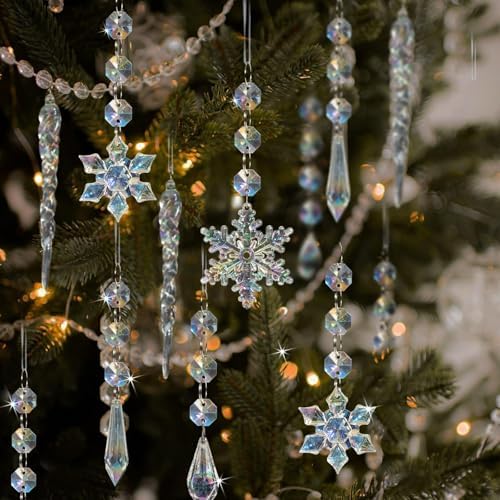 Crystal Christmas Tree Ornaments, 80pcs Iridescent Acrylic Snowflake Icicle