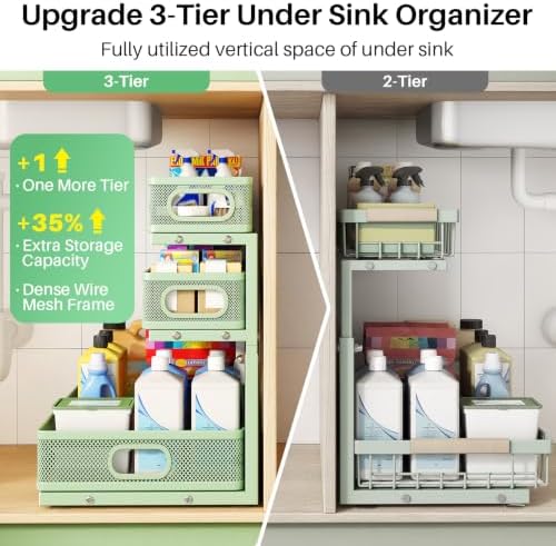 Kitstorack Under Sink Organizer, 1-Pack 3-Tier Height Adjustable Thickened Metal Pull out Cabinet Organizer Shelf, Slide out Storage Drawer Rack for Bathroom Kitchen Pantry Home Organization, Green
