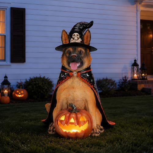 German Shepherd Statue Halloween Decorations Outdoor with LED Pumpkin