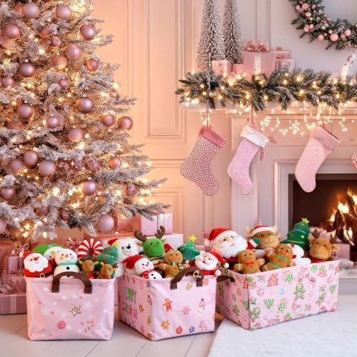CHENGU 6 Pack Christmas Storage Basket Pink Collapsible Christmas Basket for Gifts Gingerbread Man Holiday Decor Large Gingerbread House Bin Foldable Xmas Tree Box with Handle for Bedroom Office Home