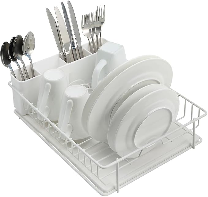 SunnyPoint 304 Stainless Steel Compact Dish Drying Rack, 15.3"x11.6", Diatomaceous Earth Drainboard, Removable Utensil Caddy, Space-Saving Countertop Design (White)