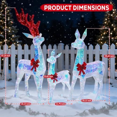 Hykolity 4 FT 3D Iridescent Prismatic Lighted Deer Family Set, 3-Piece Outdoor Christmas Reindeer Decorations with 180 Cool White LED Lights for Yard, Lawn and Porch