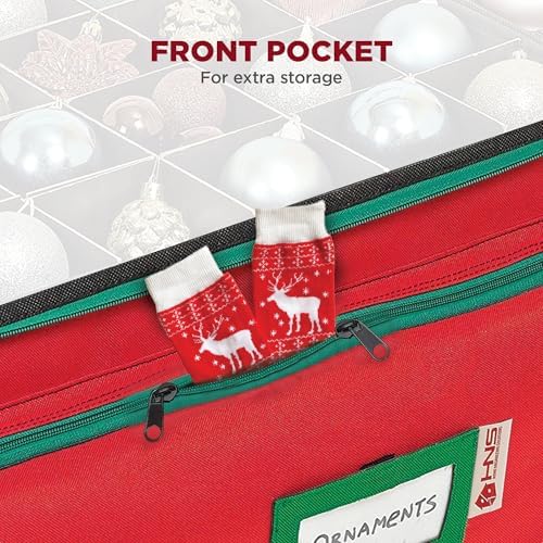 Premium Christmas Ornament Storage Box – Holds up to 72-3” Ornaments + 6 Side Slots for Figurines & Nutcrackers – Holiday Decoration Organizer – Durable 600D Red Canvas