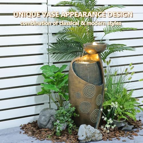 Sunlinua Vase Outdoor Water Fountain, 31.4''H Jar Waterfall Fountain with Warm LED Lights&Durable Pump for Yard, Porches, Home Décor,Garden,Office