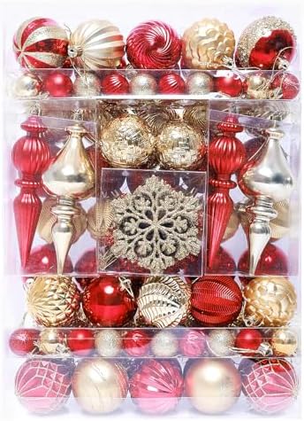 HipTree 116ct 1.18-6.5" Red Gold Christmas Tree Ornaments Decorations Set