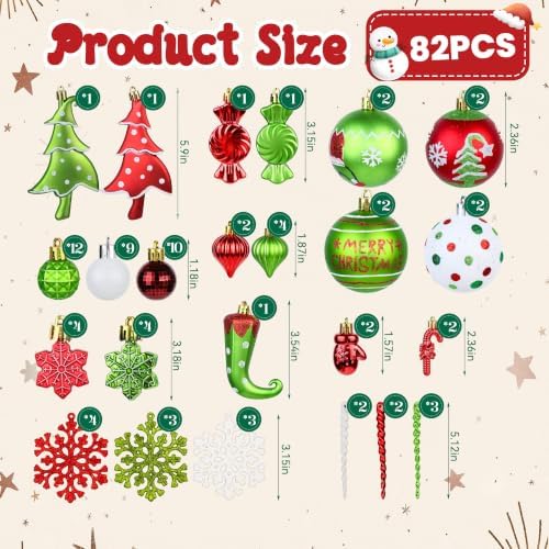 82PCS Christmas Ornaments Set Red and Green Christmas Tree Decorations PVC Holiday Ornaments for Xmas Tree Festive Party Decor Supplies