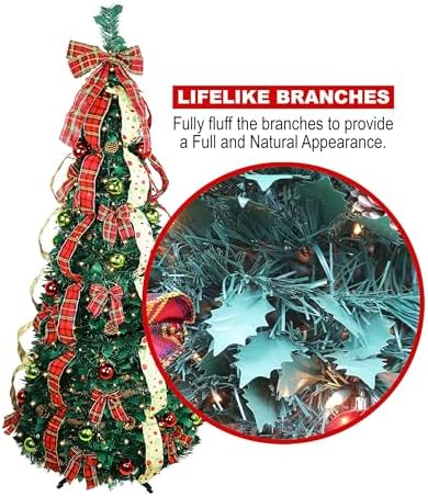 6ft Pop up Christmas Tree - Fully Decorated Pre-Lit Pull Up Tree Includes Storage Bag, Ornaments, Ribbon, Pinecones, Stand, and Warm UL Lights